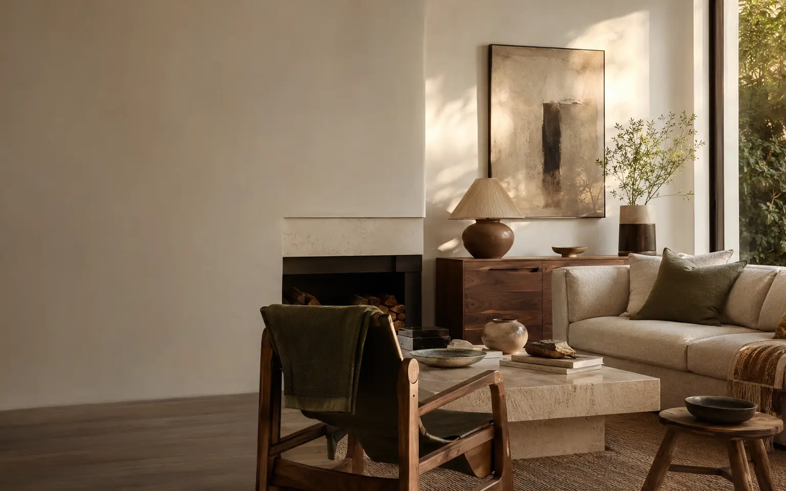 Warm contemporary living room with walnut, linen, and collected vintage pieces