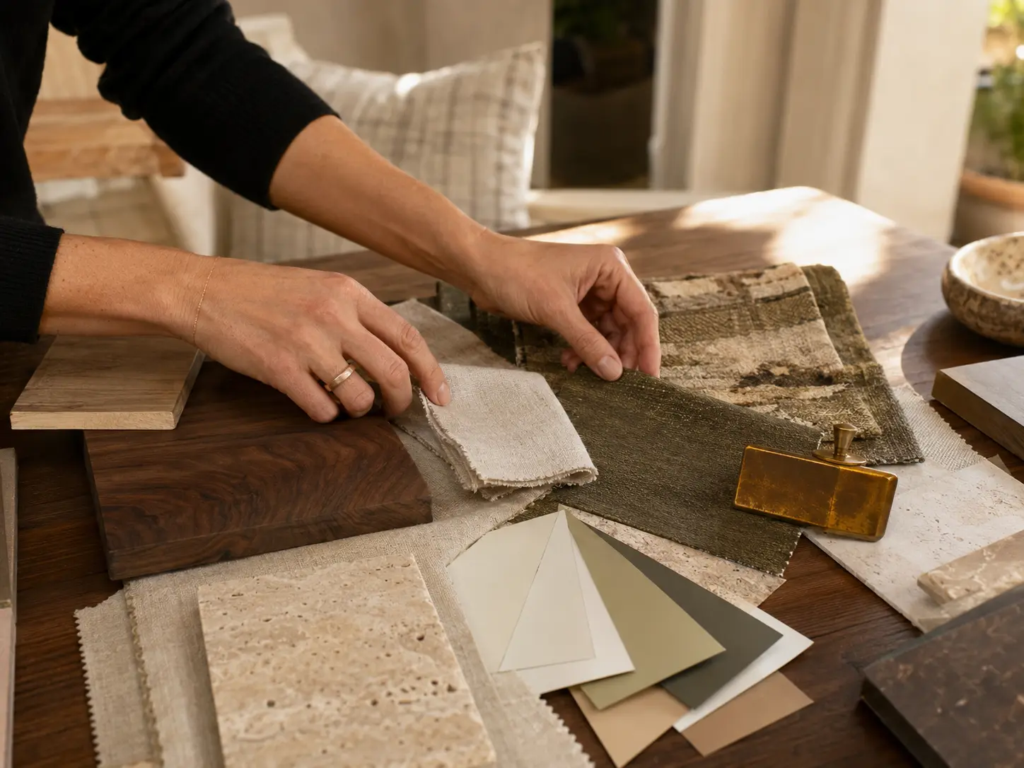 Hands arranging warm material and color samples on a sunlit table